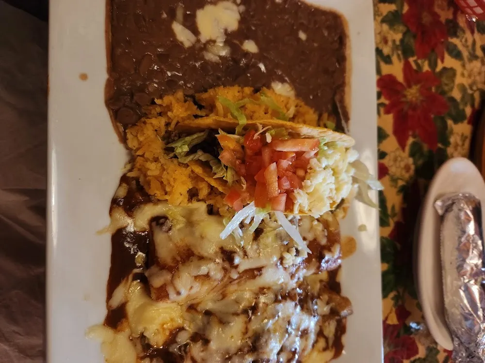 D Combination Chile Relleno Enchilada and Taco w Rice and Beans